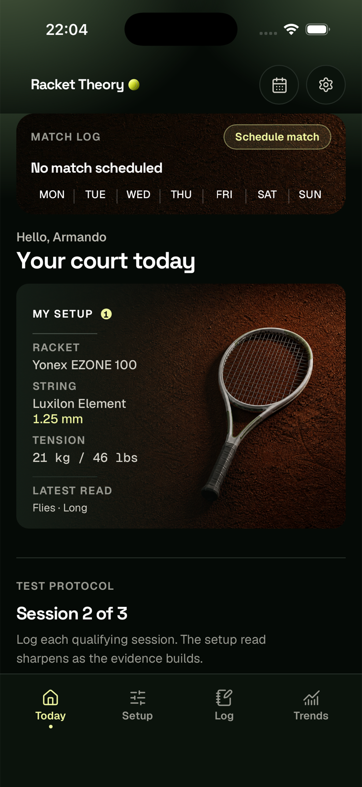 Racket Theory app screenshot showing today's view